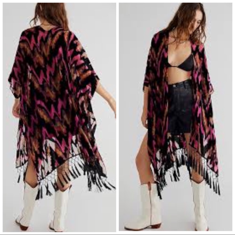 Free People Dripping Velvet Burnout Kimono With Tassels / Beach Cover up